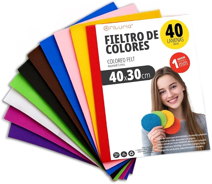 OFITURIA Felt for DIY Crafts, Soft and Flexible Coloured Fabric Sheets for Sewing, Patchwork, School Projects, Textile Art and Decoration 40 x 30 cm (Assorted, 40 Pcs) by OFITURIA