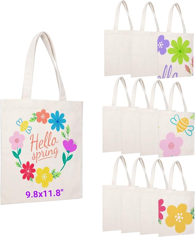Segarty Blank Canvas Tote Bag, 12 Pack 9.8x11.8 Small Tote Bags for Women, Reusable Plaid Tote Bag Bulk with Natural Cotton for DIY, Birthday Parties, Bridal Gifts, Goodie, Christmas Celebrations by Segarty