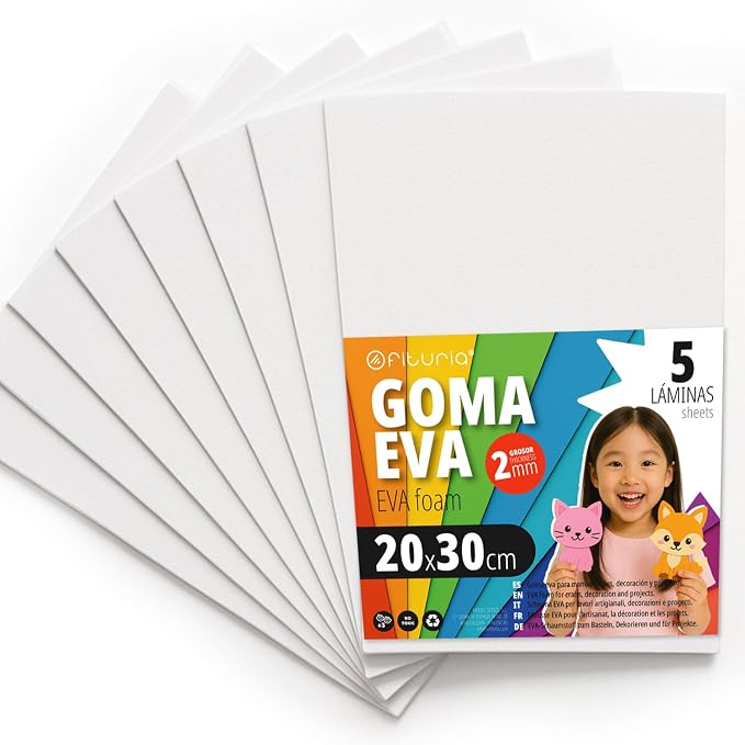 OFITURIA Foam Rubber for Crafts and School Projects, Coloured Foam Ideal for DIY, Decoration, Scrapbooking and Creative Projects, 20 x 30 cm (White, Pack of 5) by OFITURIA