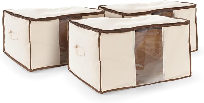 Covermates Canvas Storage Bag for Blankets, Clothes & Décor, 100% Cotton Breathable Fabric, Clear ID Window, Dual Zipper Closure, Carry Handles, Closet Organization, Natural by Covermates