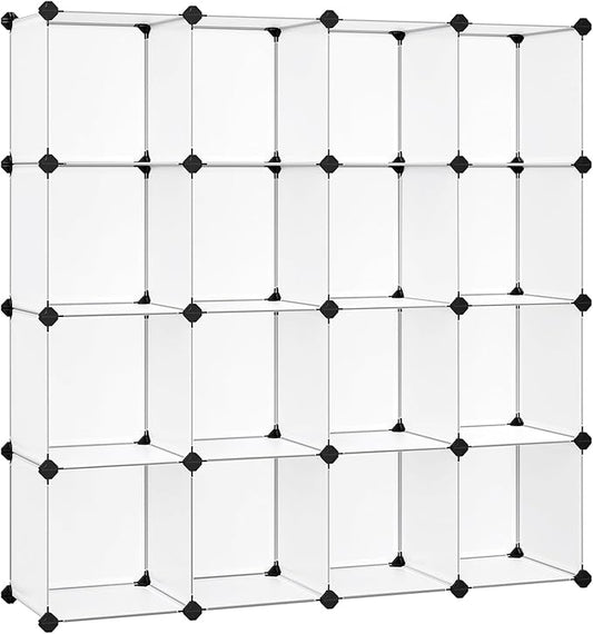 SONGMICS Cube Storage Organizer, Set of 16 Plastic Cubes, Book Shelf, Closet Organizers and Storage, Room Organization, Bedroom Living Room, 12.2 x 48.4 x 48.4 Inches, White ULPC44L