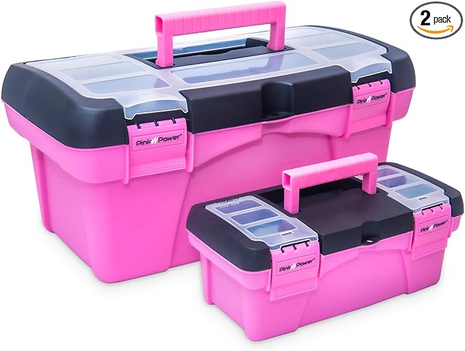 Pink Tool Box for Women - Sewing, Art & Craft Organizer Small & Large Plastic Tool Box with Handle - Pink Toolbox Sewing Tool Storage Box - Portable Mini Locking Tool Boxes (2 Pack) by PinkPower