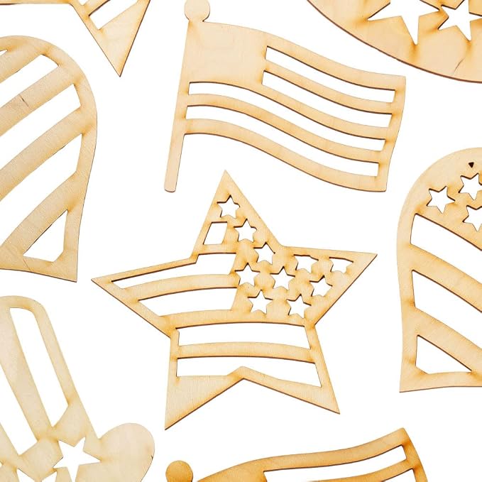 Pack of 24 Unfinished Wood Assorted Americana Cutouts - Made in USA Heart Star Flag Hat Wooden Shapes for Patriotic Decorations, 4th July Crafts and DIY Projects (4-1/4 to 5-1/4") - Image 5