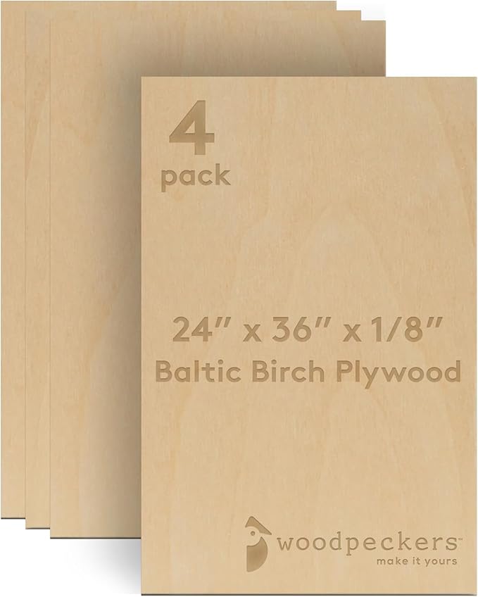 Baltic Birch Plywood 24 x 36 x 1/8 Inch - 3 mm Craft Wood, Pack of 4 B/BB Grade, Stronger Than Basswood Sheets or Balsa Wood, Perfect for Laser, CNC Cutting, Wood Burning, by Woodpeckers by Woodpeckers