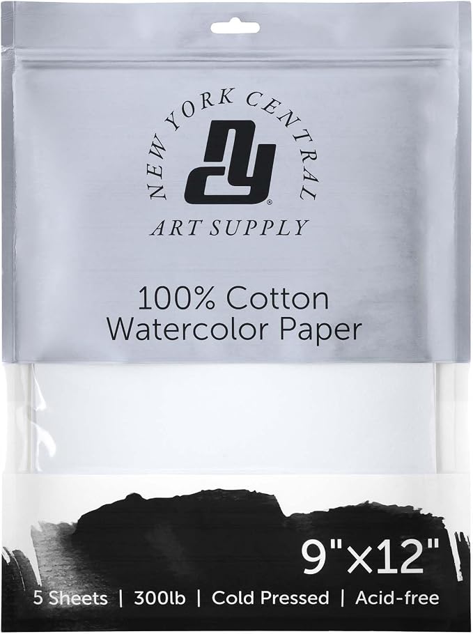 New York Central Watercolor Paper - 9x12-1 Pack of 5 Sheets - 300 lb. Cold Press - 100% Cotton, Acid-Free, Archival Quality, Bright White Watercolor Paper Pad for Wet & Dry Media by NewYorkCentral