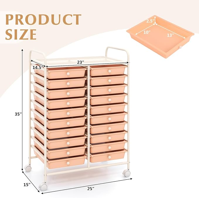 DREAMADE Rolling Cart with Storage Drawers, Utility Cart w/Removable Plastic Drawers, Lockable Wheels, Art Cart for Classroom Organization Art Supplies Office Scrapbook (20 Drawers, Peach) - Image 3