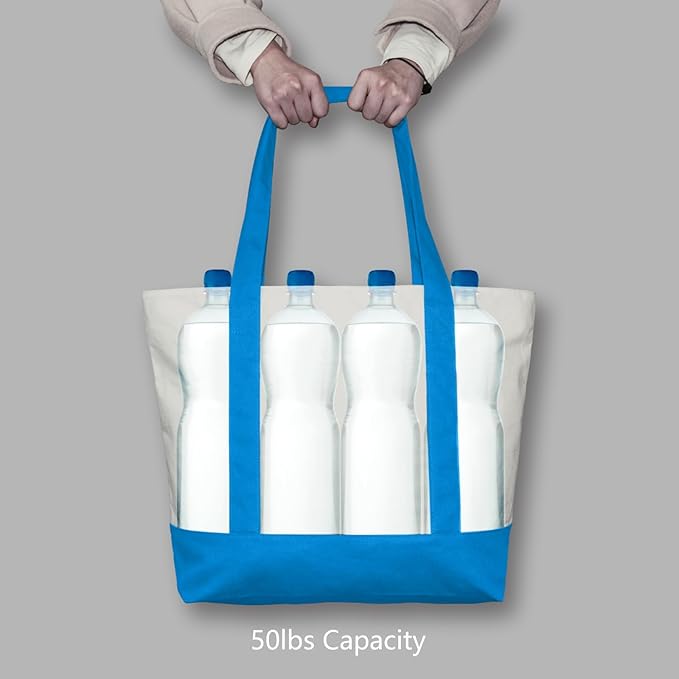TOPDesign 1-Pack Canvas Tote Bag with an External Pocket, Reusable Grocery Shopping Bag, Top Zipper Closure, Daily Essentials (Ocean Blue/Natural) - Image 6