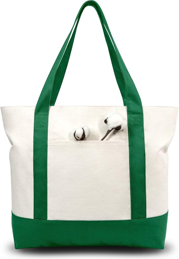TOPDesign 1-Pack Canvas Tote Bag with an External Pocket, Reusable Grocery Shopping Bag, Top Zipper Closure, Daily Essentials (Green/Natural) by TOPDesign