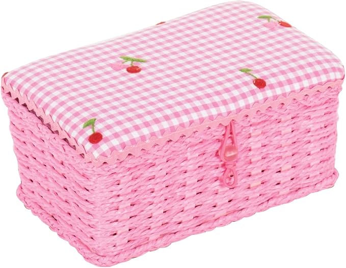 Hobby Gift Wicker Sewing Box Linen Lid Embroidery Wooden Bead Closure Compact Craft Storage Basket Organizer for Threads Needles Supplies Home Decor by HobbyGift