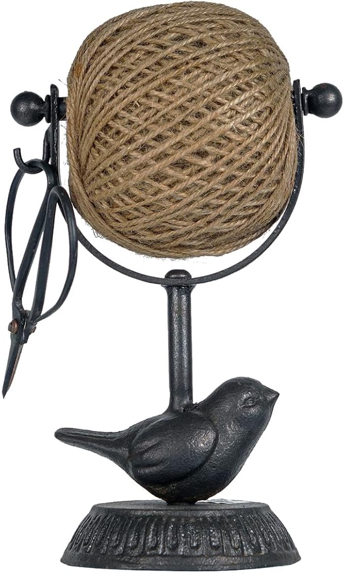 SOFFEE DESIGN Cast Iron Jute Twine Spool with Scissors Holder Set Vintage Style for Garden Farmhouse Kitchen, Natural Jute Twine String & Rope Rack & Scissors, Bird Decorative by SOFFEEDESIGN