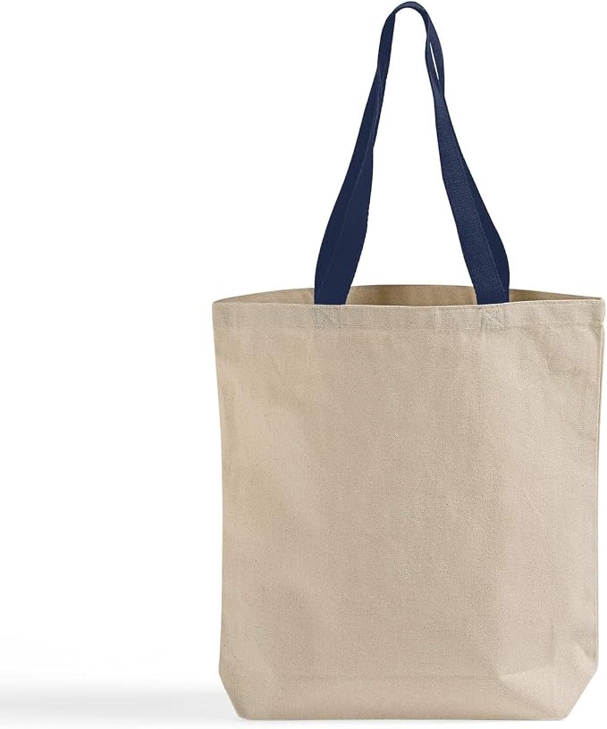 Cotton Canvas Tote Bag - 12 Pack Reusable Shopping Bags with Color Handles for Work, Open Top Beach Bags Bulk pack by TOTEBAGFACTORY
