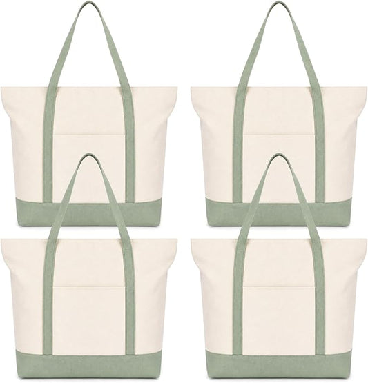 4 Pcs Large Canvas Tote Bags Bulk with Top Zipper Closure, Reusable Grocery Shopping Bags, Bachelorette Party DIY Gifts (21" X 15" X 6",Sage Green) by Unknown