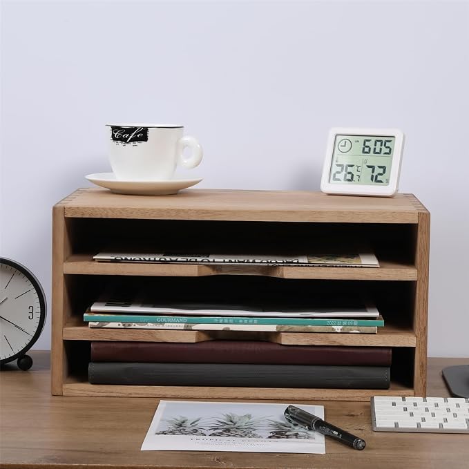 DDYURI 3-Tier Paper Storage Letter Tray File Sorter - Wood Desktop Document Organizer Holders with Mail Sorter, School & Home Magazine File Dividers, Book Rack Shelf Stand for HD-SJ3K (Light) - Image 3