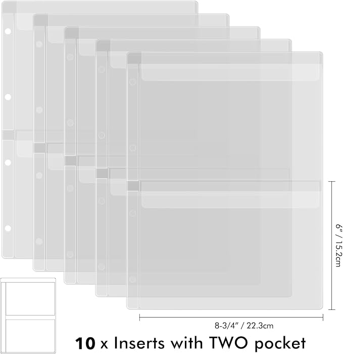 Briartw 10 Page Protectors Pockets Inserts with Two Pockets, for A4 Size 4 Hole Binder Folder for Dies and Stamps Storage,Waterproof PVC Clear Bags Protectors for Storage Craft Supplies,Cardstock - Image 2