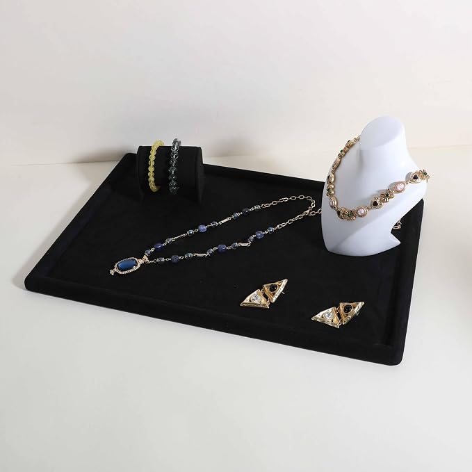 Rectangle Jewelry storage organizer plate, Velvet Jewerly display tray, Empty showcase tray for Necklace Bracelet Ring Earring【Black-Large, 17.7 x 11.8 in 】 - Image 4