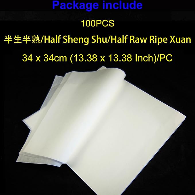 KYMY Chinese/Japanese Calligraphy Paper 100PCS, Sumi/Rice Paper for Writing Painting Drawing Practice, Chinese Brush Ink Xuan Paper, Half Sheng Shu (Half Raw Ripe) (34 x 34 cm (13.38 x 13.38 Inch)) - Image 2