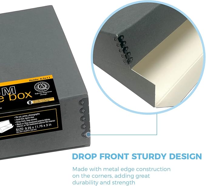 Lineco Museum Archival Storage Box, Drop Front, 9.25x11.75x3 in, Gray | Acid-Free with Metal Edge, Preserves Picture Longevity, Organize Photos, Newspapers, Prints, Documents, Crafts, DIY - Image 3