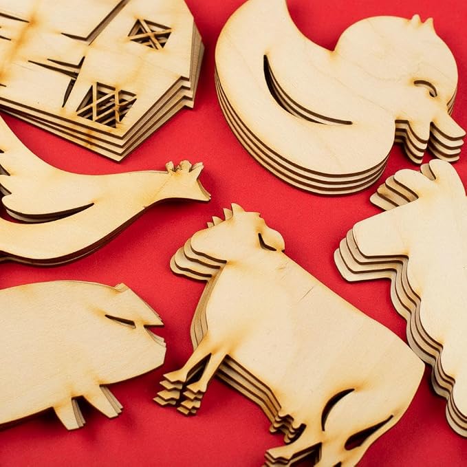 Group of 24 Unfinished Wooden Assorted Farm Animal Cutouts for Craft Activities and Decorations - Blank Wooden Barnyard Animals Made in USA by FactoryDirectCraft