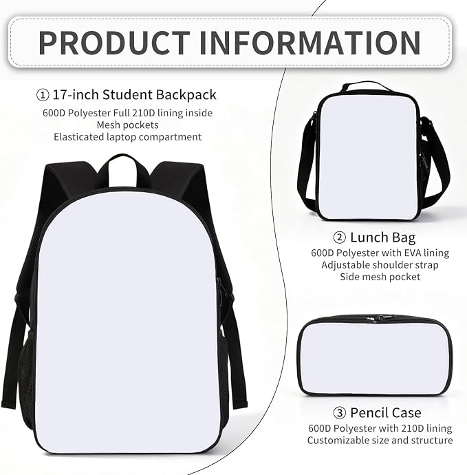 2Sets 16inch Sublimation Blank Backpack Lunch Bag Pencil Case Set for Children DIY Bookbag Cooler Bag Pencil Bag(black) - Image 2