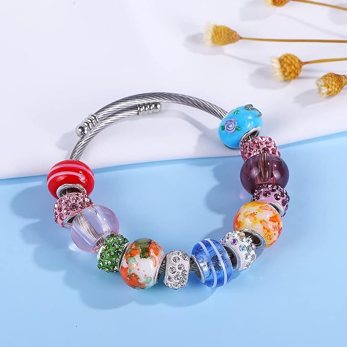 Aipridy European Large Hole Beads, Colorful Glass Charm Beads Set, Assorted Patterns and Designs Rhinestone Craft Beads for DIY Bracelet Jewelry Making (100, Pack by Style-Colored Glaze) - Image 2