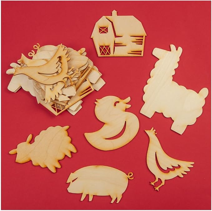 Group of 24 Unfinished Wooden Assorted Barnyard Cutouts for Craft Activities and Decorating by FactoryDirectCraft
