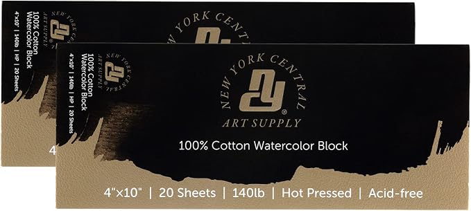 New York Central 100% Cotton Watercolor Paper Blocks 2 Pack 140lb 4x10 - Hot Press Acid-Free Premium Watercolor Paper for Artists, Painting, Water Media, Professionals, & More by NewYorkCentral