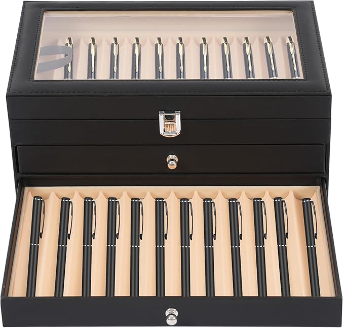 36 Pieces PU Leather Pen Box, 3 Levels with Drawers Fountain Pen Display Case Storage Organizer Box with Glass Window Gift for Friend (Black) - Image 8