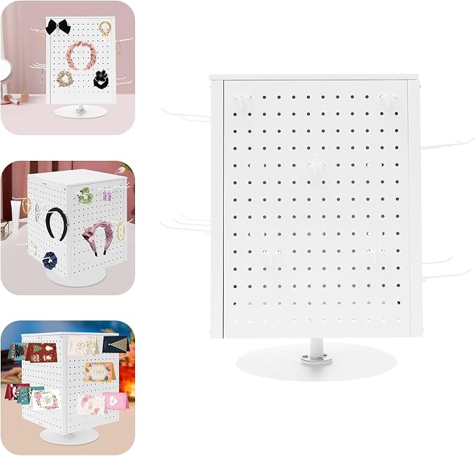 Pegboard Rotating Display Stand with 20 Hooks, 4-Sided Spinning Peg Board Display, 360° Rotatable Jewelry Organizer for Keychain, Earring, Bracelet, Retail, Craft Shows (White) - Image 9