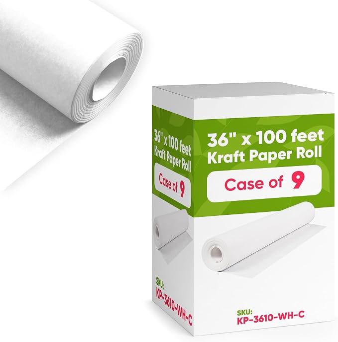 36" x 1200" (100 ft) White Kraft Paper (Case of 9 Rolls), 45 lbs Thickness, Kraft Paper for School, Arts, Gift Wrapping, Moving by Paclord