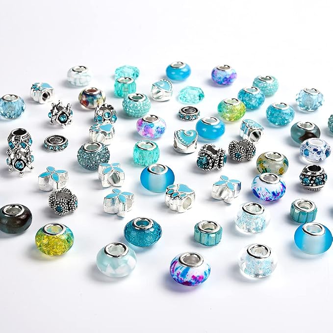 Aipridy European Large Hole Beads, Colorful Glass Charm Beads Set, Assorted Patterns and Designs Rhinestone Craft Beads for DIY Bracelet Jewelry Making (60, Sky Blue Resin+Alloy) - Image 2