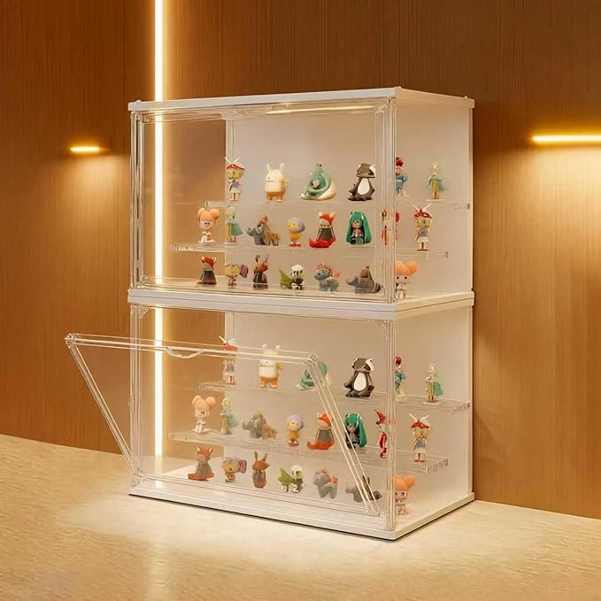 Clear Display Case for Collectibles, 3-Tier Stackable LED Figure Display Case with Magnetic Door, Adjustable Showcase for Models, Miniatures, Jewly (White, 17.6H-2PCS)