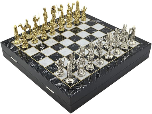 Metal Chess Set for Adults Egypt Pharaoh Figures,Handmade Pieces and Different Design Wooden Chess Board with Storage (Marble)