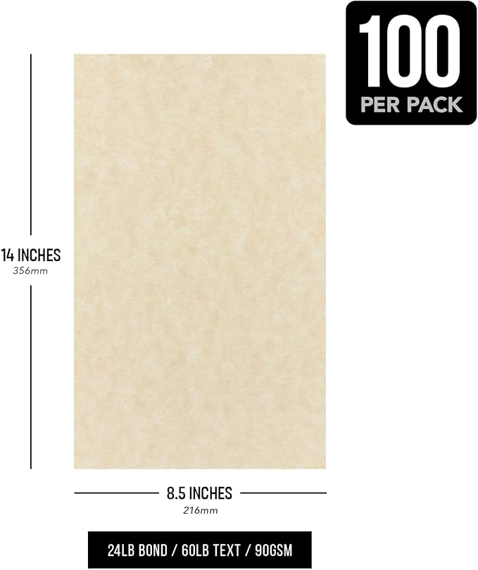 Aged Parchment Paper – Great for Certificates, Menus and Wedding Invitations | 24lb Bond / 60lb Text / 90GSM | 8.5" x 14" (Legal Size) Paper for Writing, Copy, Printing | 100 Sheets per Pack - Image 7