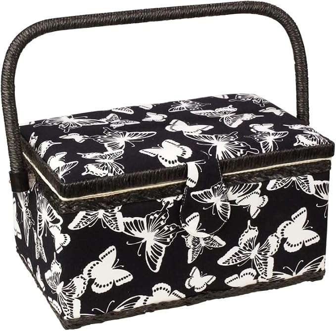 Sewing Basket with Floral Print Design - Sewing Kit Storage Box with Removable Tray, Built-in Pin Cushion and Interior Pocket - by Adolfo Design (Large - 12" x 9" x 6", Butterfly Design) by Unknown