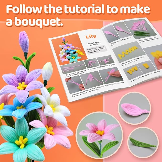 GAGANIU 1200pcs Pipe Cleaners, 24 Colors Chenille Stems with Flower Manual | 12inch x 6mm Limpia Pipas for Arts and Crafts, Holiday Home DIY Decorations Handmade Bouquets - Image 3