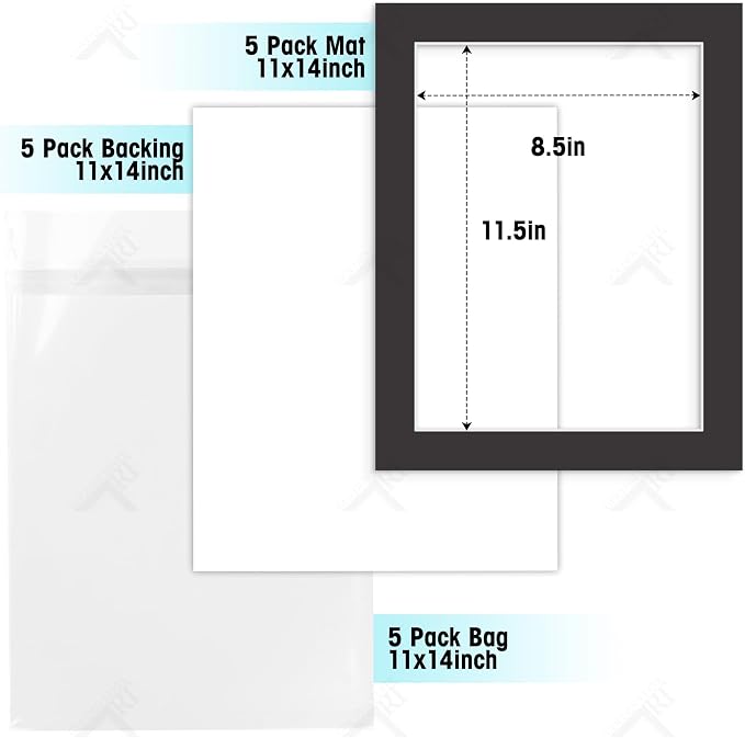 Golden State Art 5 Pack Black Mat 11x14 for 9x12 Photo Matte+Backings+Bags | Acid-Free,4-Ply Thick,Pre-Cut Kit Mattes,White Core,Bevel Cut,For Photos, Pictures,Artwork, Poster or Print Display - Image 2