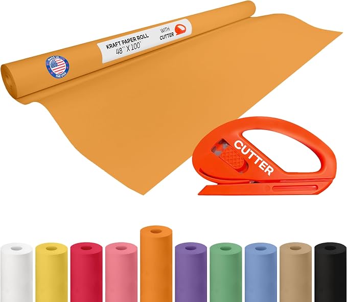 Orange Kraft Paper Roll 48" x 1200" (100 feet) with Cutter - USA-Made Gift Wrapping Paper for Packing, Moving, Shipping & Crafts/Arts - 100% Recyclable Natural Craft Material by IDL Packaging | Gift Wrapping Paper for Packing, Moving, Shipping & Crafts... by IDLPackaging