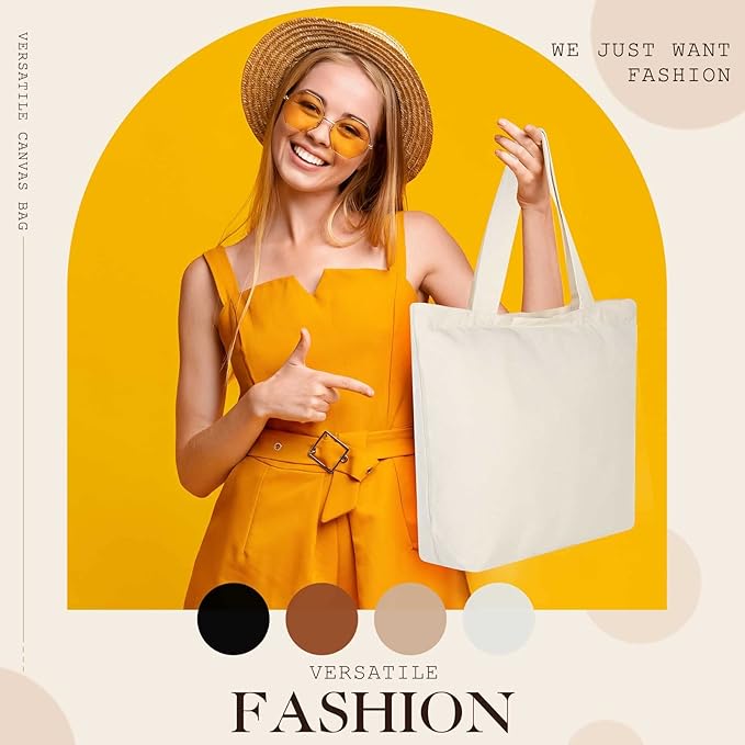 Epakh 10 Pack Canvas Tote Bag Bulk with Zipper,Reusable Beige | 16.5 x 3.9 x 13.4 Inch, Blank Canvas Cotton Bags Bulk with Zipper, Large Grocery Shopping Totes for Women Men DIY Crafting - Image 2