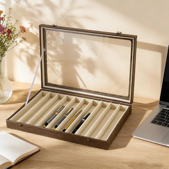 PH PandaHall 10 Slot Fountain Pen Display Box, 13.8″x9.5″x2″ Lockable Pen Storage Box Imitation Leather Pens Display Cases with Window Lid for Office Desk Pencil Holders, Coffee - Image 4