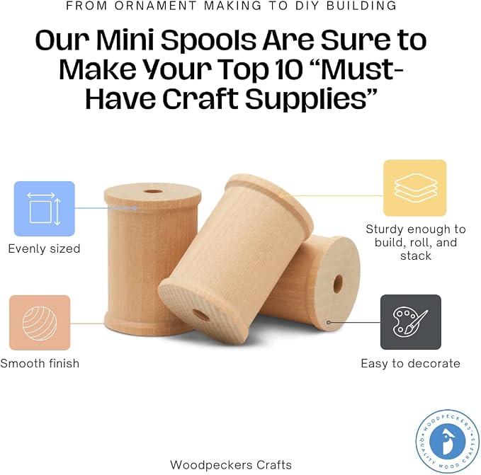Wooden Spool for Crafts 1 x 3/4-inch Pack of 50, Small Empty Thread Spools, Wood Spools for Crafts with Wooden Spindles, by Woodpeckers - Image 3