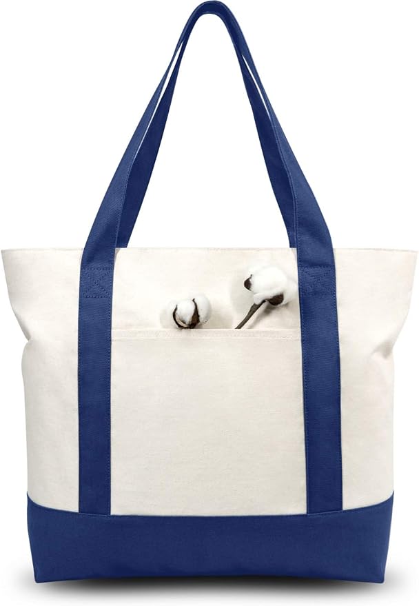 TOPDesign 3-Pack Canvas Tote Bags with an External Pocket, Reusable Grocery Shopping Bags, Top Zipper Closure, Daily Essentials (Blue/Natural) by TOPDesign