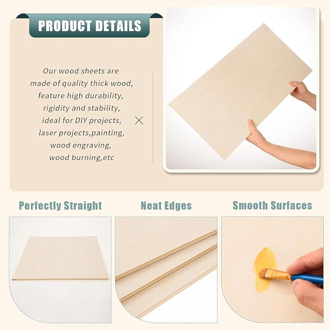 12 Pack 12 x 16 x 1/4 Inch-6mm Thick Basswood Sheets for Crafts Unfinished Plywood Boards Square Crafts Wood Sheets for DIY Laser Project, Wood Burning, Engraving, Staining, Architectural Model - Image 3