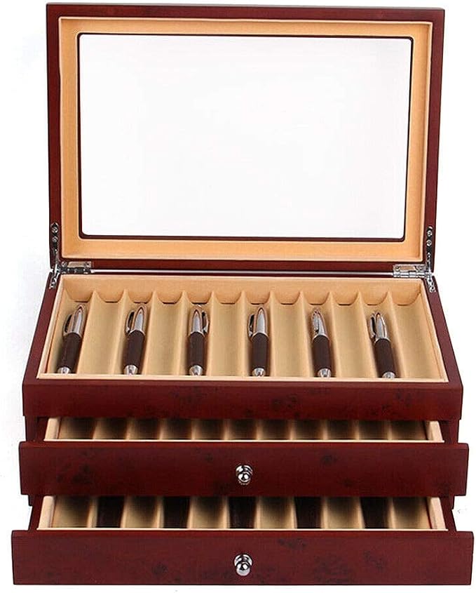 Fountain Pen Display Case, 3 Layers 34 Pen Organizer Box, Exquisite Wooden Collector Storage Gift with Glass Window (Red 34 Slot) by TBVECHI