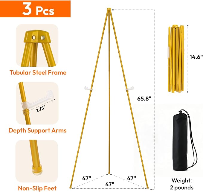 JEAWIWI 3 Pcs Lightweight Easel Stand, 66 Inch, Ochre, with Portable Bags | Collapsible Folding Metal Easel with Adjustable Height, for Wedding Sign, Display Show, Arts, Poster - Image 2