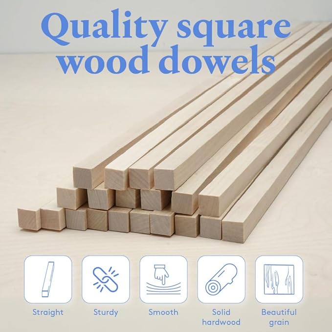 DIY Wooden Square Dowel Rod 1-inch x 12 Pack of 10 Hobby Wood Sticks for Crafts, Wood Trim & Architecture Model Making, by Woodpeckers - Image 2