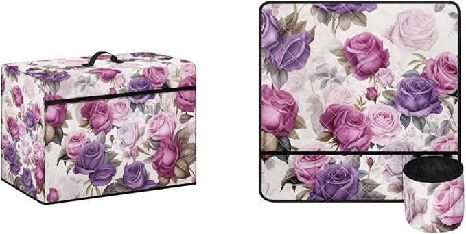 Purple Rose Sewing Machine Mat & Dust Cover, Set of 2 Muffling Dust Resistant Sew Machine Mat with Pockets for Sewing Accessories Home Decoration Machine Washable by Kathyboom