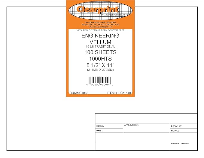 Clearprint 8-1/2" x 11" 1000H Design Vellum Sheets with Engineer Title Block, 16 lb., 100% Cotton, 100 Sheets Per Pack, 1 Each by Clearprint