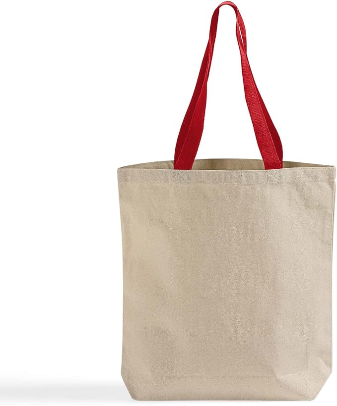 Cotton Canvas Tote Bag - 12 Pack Reusable Shopping Bags with Color Handles for Work, Open Top Beach Bags Bulk pack by TOTEBAGFACTORY