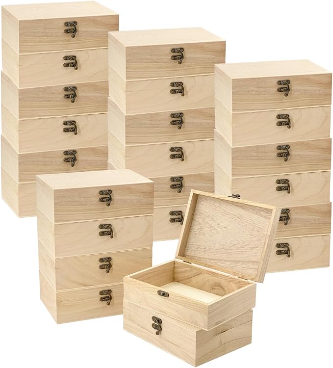 24 Pack Unfinished Wood Box with Lid Crafts 8.3 x 6 x 2.7 Inches Wooden Box for DIY Arts Project by Cregugua