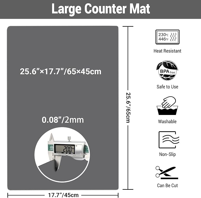 Ewen 25.6"x17.7"x0.08" Large Heat Resistant Silicone Mat for Kitchen Counter, 2mm Thick Countertop Protector Mat, Non-Stick Glass Top Stove Cover Pad for Appliances Coffee Maker Table Workbench Gray - Image 3